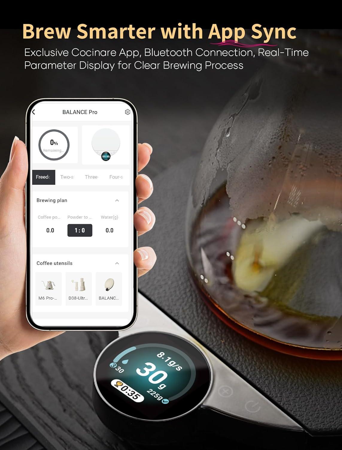 image:imageCocinare Balance Pro Smart Coffee Scale with Timer and Water Flow Rate Espresso Scale for Pour Over and Barista Brewing Brew Assist Mode 005g Precision 35kg Digital Scale App Control PurpleBlack