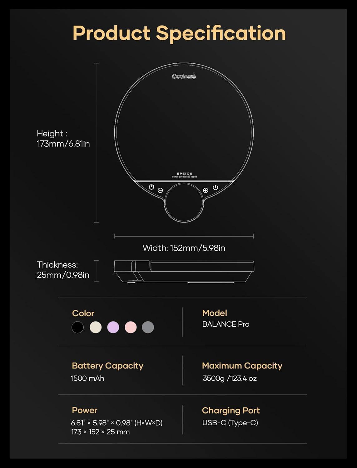 image:imageCocinare Balance Pro Smart Coffee Scale with Timer and Water Flow Rate Espresso Scale for Pour Over and Barista Brewing Brew Assist Mode 005g Precision 35kg Digital Scale App Control PurplePink