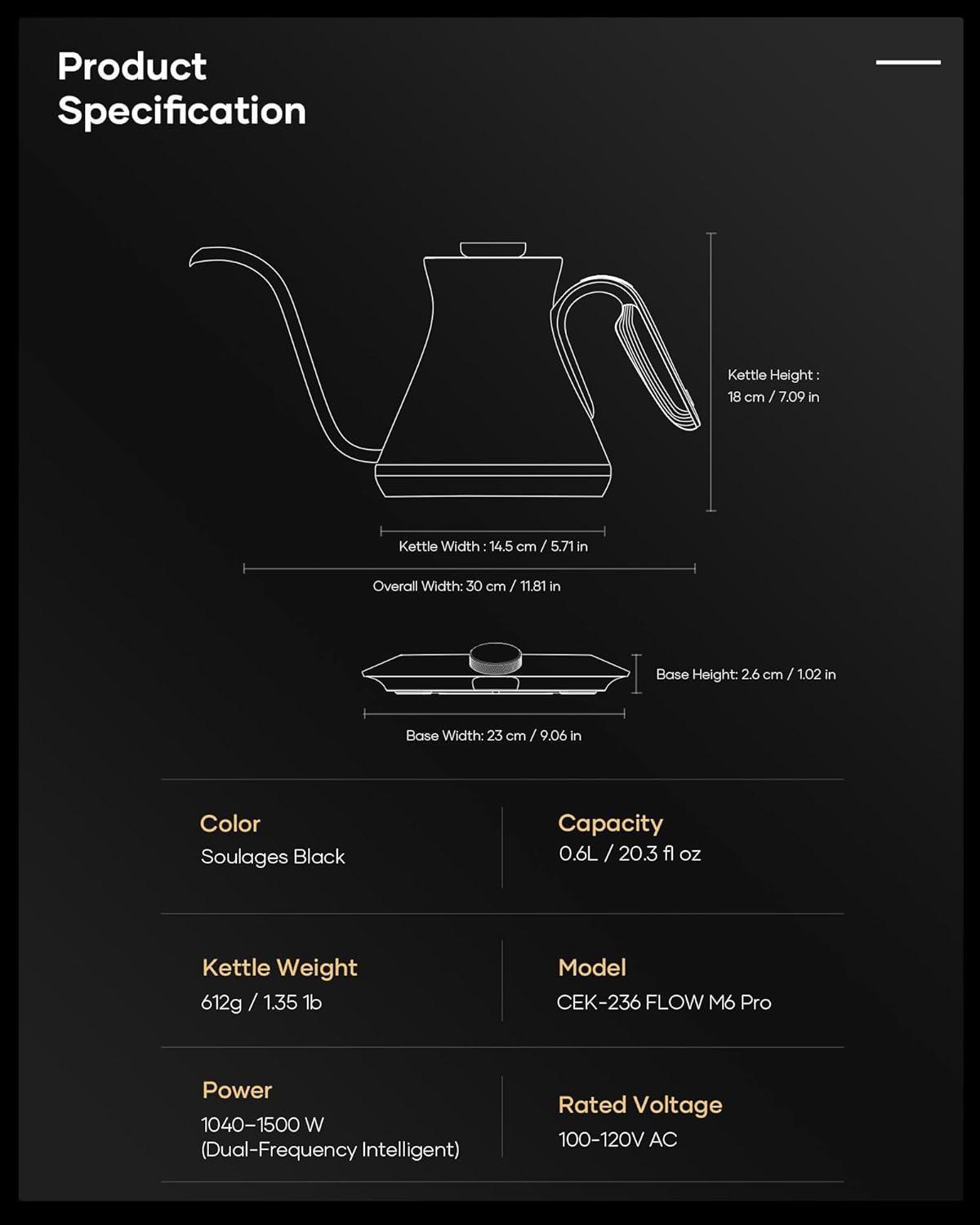 image:imageCocinare Gooseneck Electric Kettle 05F Precise Temperature Control 1500W Fast Heating PourOver Coffee amp Tea Stainless Steel 06L Master Soulages Black DesignSoulages Black