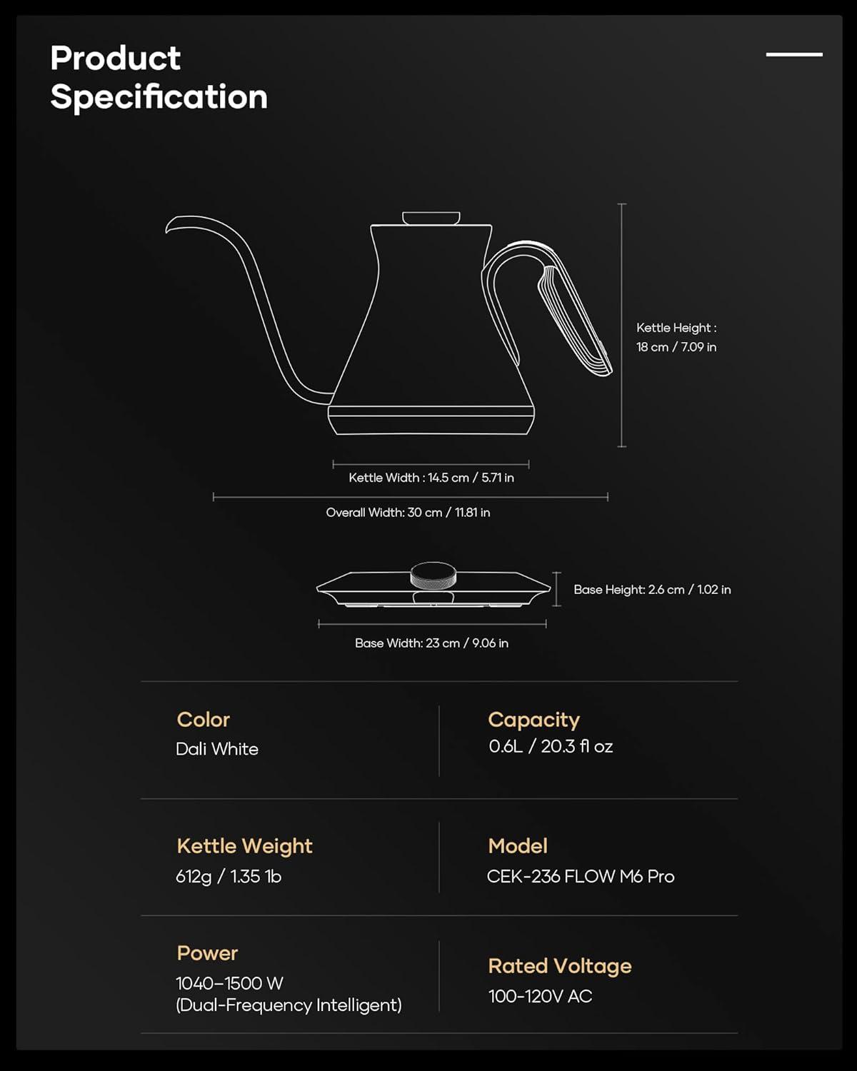 image:imageCocinare Gooseneck Electric Kettle 05F Precise Temperature Control 1500W Fast Heating PourOver Coffee amp Tea Stainless Steel 06L Master Soulages Black DesignDali White