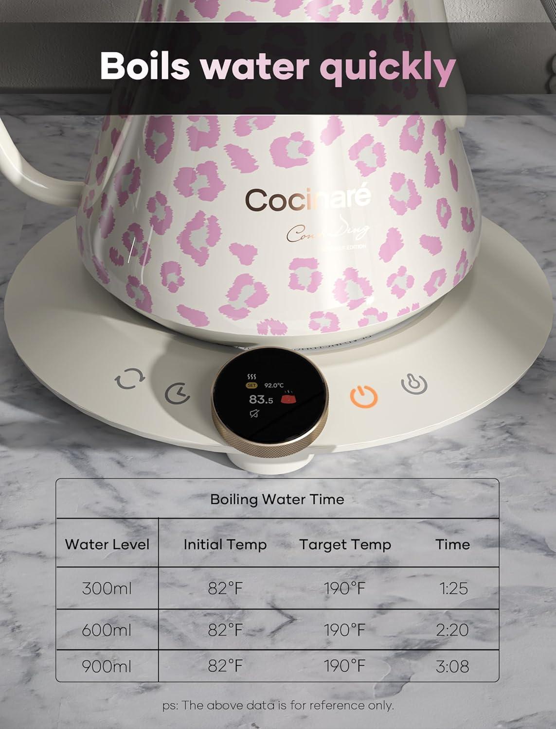 image:imageCocinare Gooseneck Electric Kettle 05F Precise Temperature Control 1500W Fast Heating PourOver Coffee amp Tea Stainless Steel 09L Colorchanging Brush Leopard DesignBlush Leopard