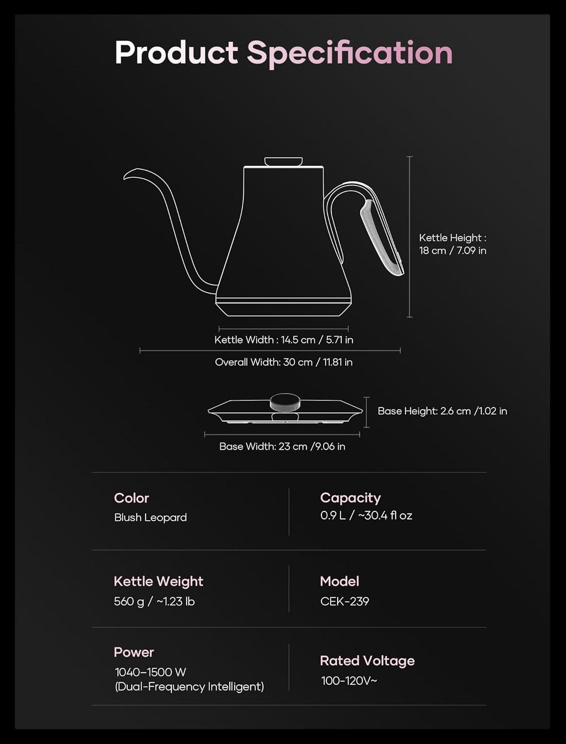 image:imageCocinare Gooseneck Electric Kettle 05F Precise Temperature Control 1500W Fast Heating PourOver Coffee amp Tea Stainless Steel 09L Colorchanging Brush Leopard DesignBlush Leopard