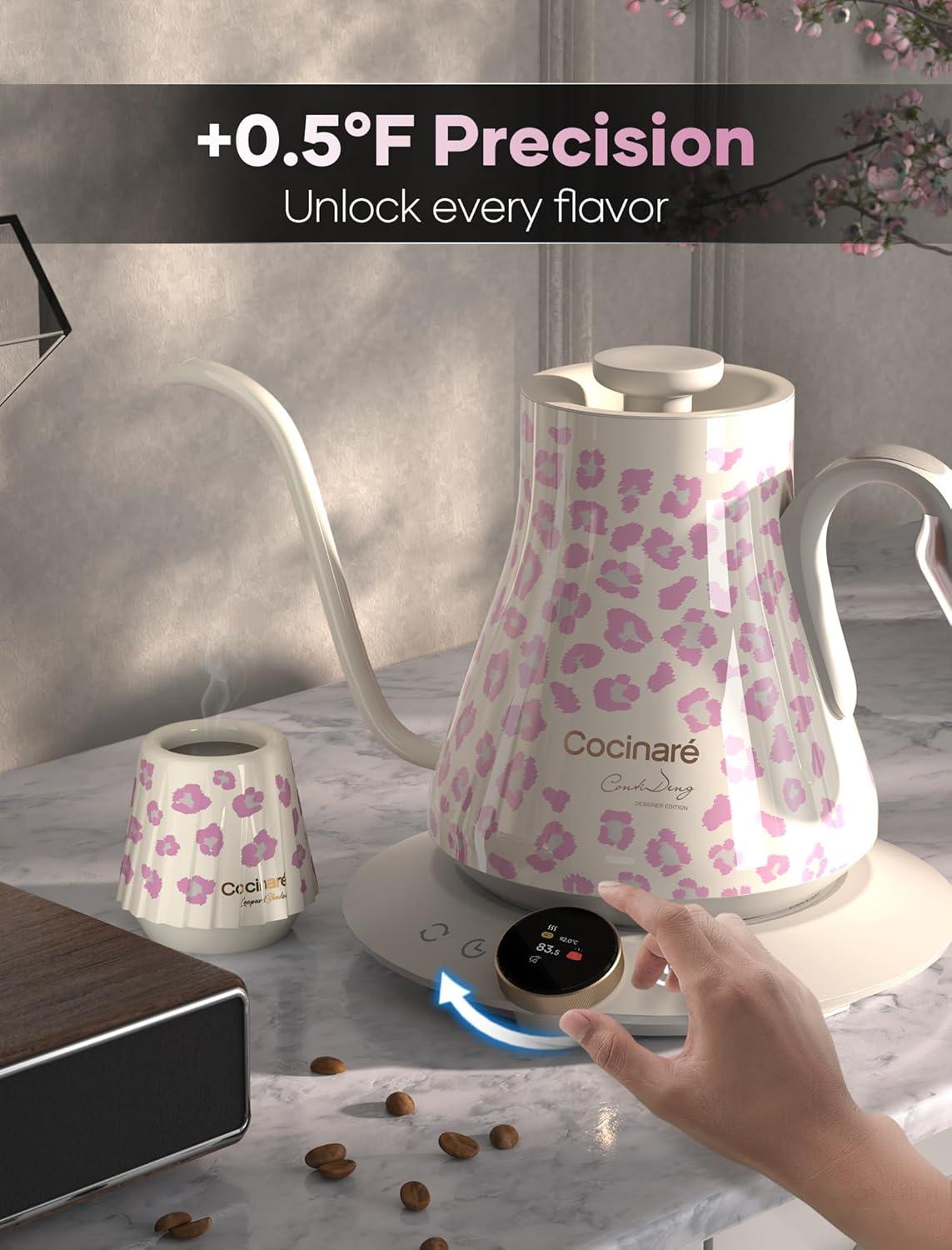 image:imageCocinare Gooseneck Electric Kettle 05F Precise Temperature Control 1500W Fast Heating PourOver Coffee amp Tea Stainless Steel 09L Colorchanging Brush Leopard DesignBlush Leopard