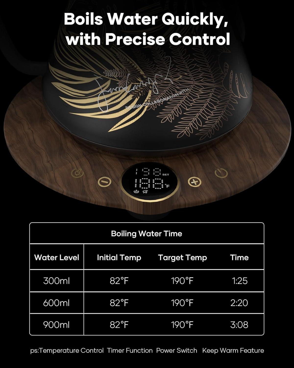 image:imageCocinare Gooseneck Electric Kettle 1F Precise Temperature Control 1500W Fast Heating Pour Over Coffee amp Tea Kettle with Brew Timer amp Keep Warm Stainless Steel 09L Soulages BlackRainforest
