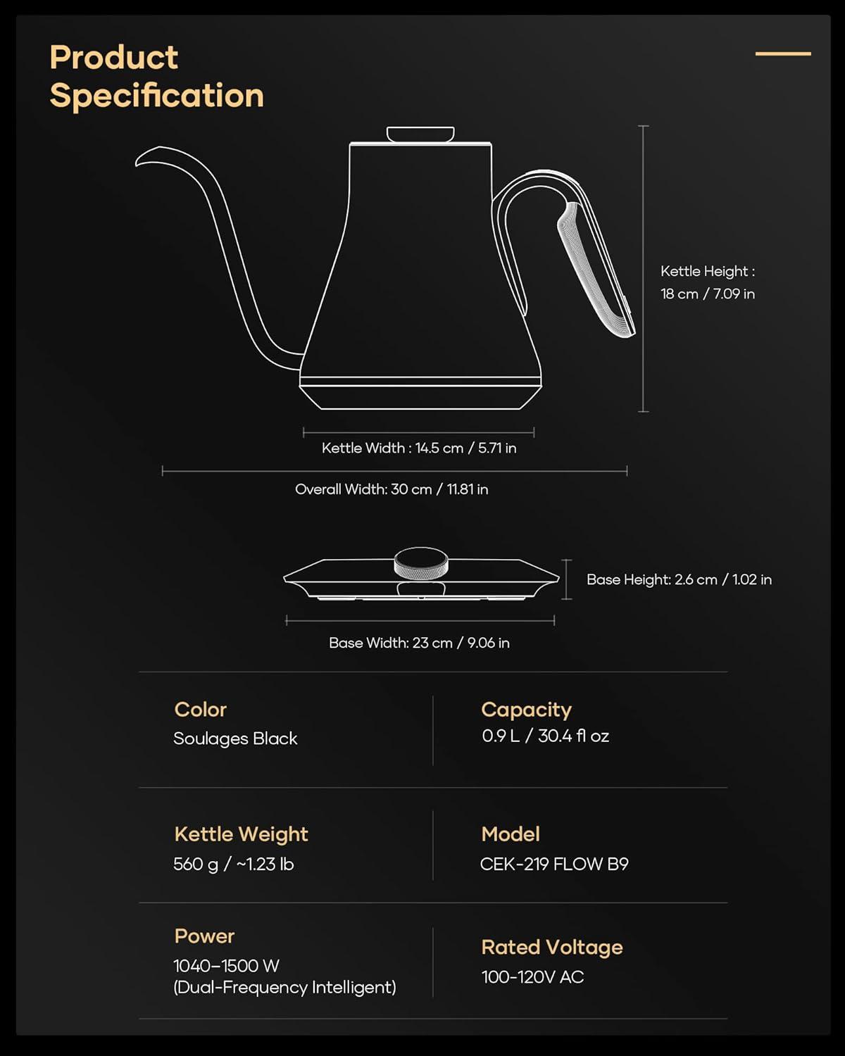 image:imageCocinare Gooseneck Electric Kettle 1F Precise Temperature Control 1500W Fast Heating Pour Over Coffee amp Tea Kettle with Brew Timer amp Keep Warm Stainless Steel 09L Soulages BlackSoulages Black