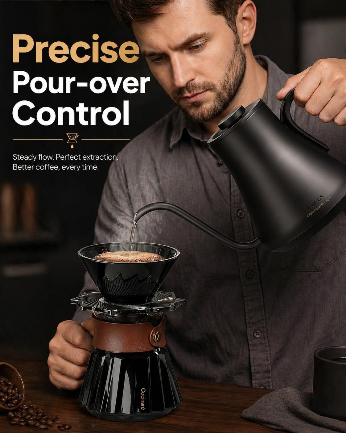 image:imageCocinare Gooseneck Electric Kettle 1F Precise Temperature Control 1500W Fast Heating Pour Over Coffee amp Tea Kettle with Brew Timer amp Keep Warm Stainless Steel 09L Soulages BlackMatte Black