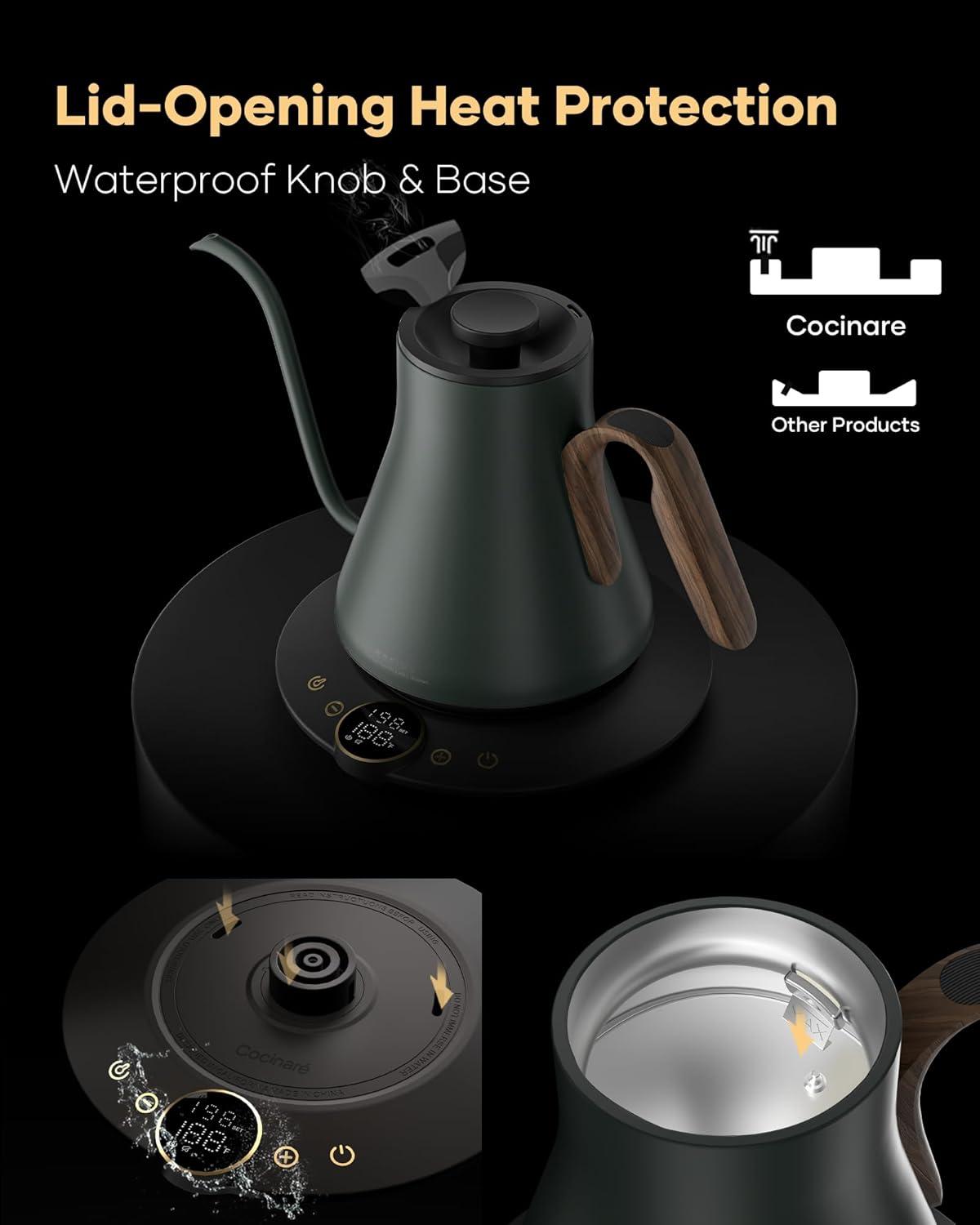 image:imageCocinare Gooseneck Electric Kettle 1F Precise Temperature Control 1500W Fast Heating Pour Over Coffee amp Tea Kettle with Brew Timer amp Keep Warm Stainless Steel 09L Soulages BlackDelacroix Green