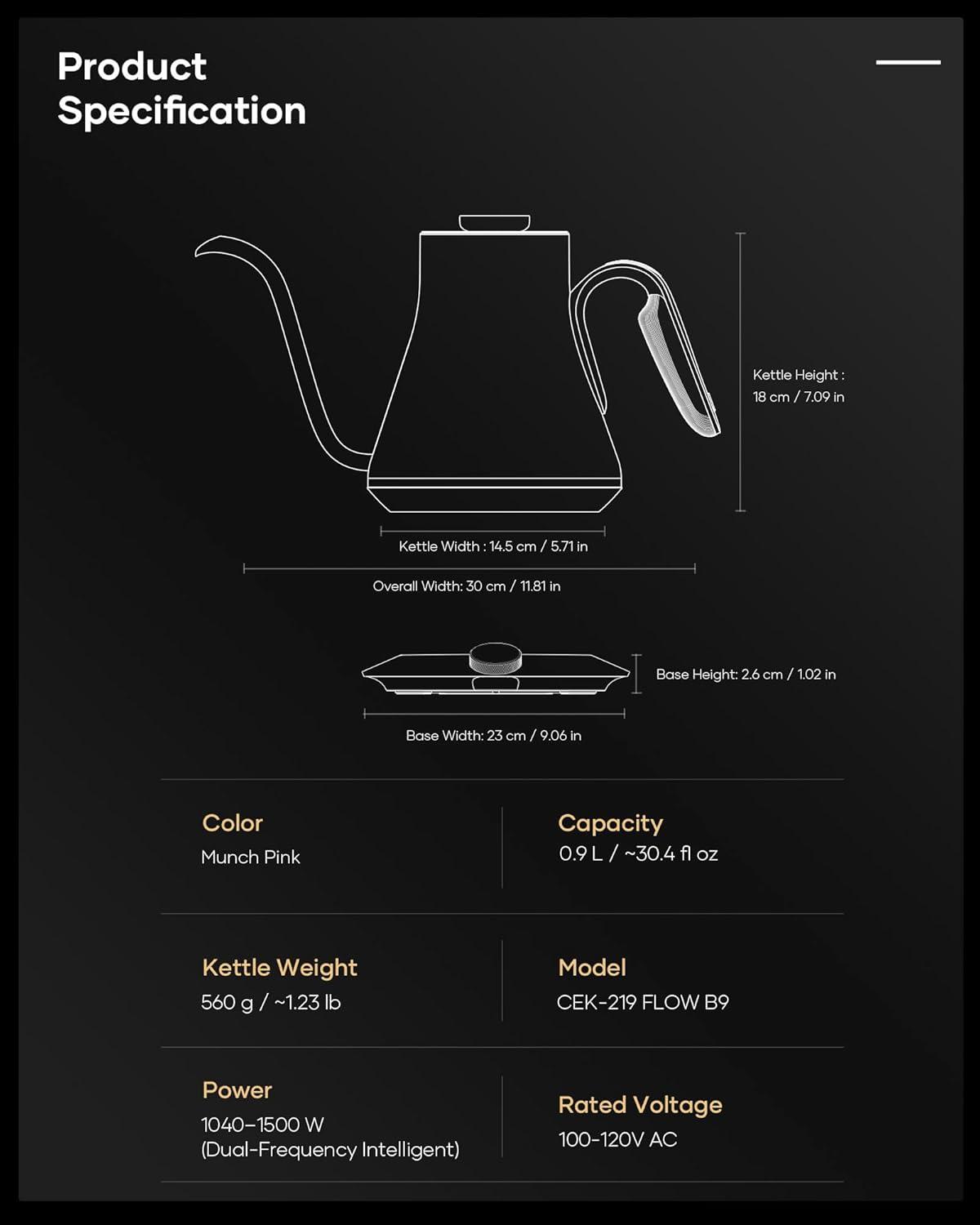 image:imageCocinare Gooseneck Electric Kettle 1F Precise Temperature Control 1500W Fast Heating Pour Over Coffee amp Tea Kettle with Brew Timer amp Keep Warm Stainless Steel 09L Soulages BlackMunch Pink
