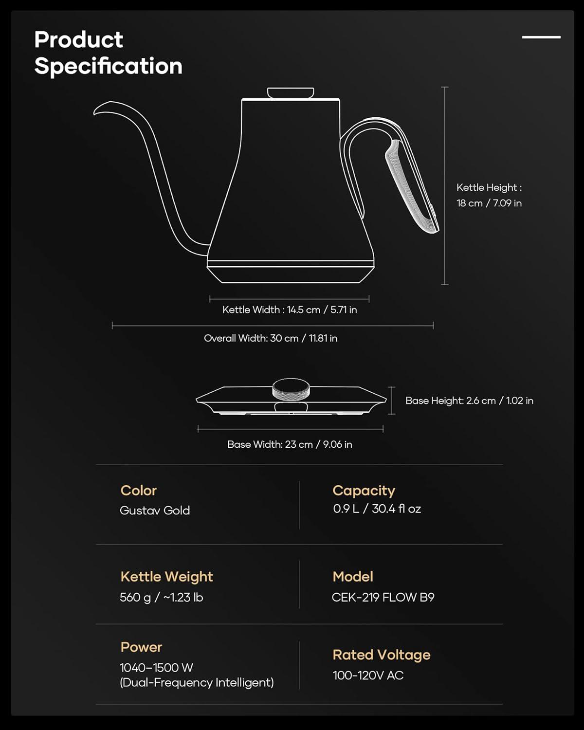 image:imageCocinare Gooseneck Electric Kettle 1F Precise Temperature Control 1500W Fast Heating Pour Over Coffee amp Tea Kettle with Brew Timer amp Keep Warm Stainless Steel 09L Soulages BlackGustav Gold