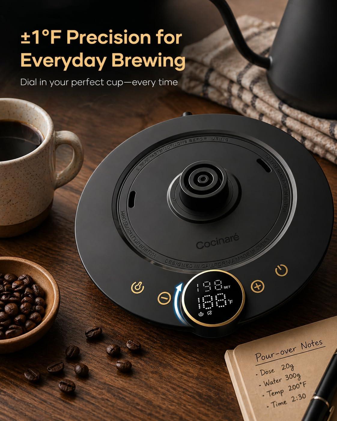image:imageCocinare Gooseneck Electric Kettle 1F Precise Temperature Control 1500W Fast Heating Pour Over Coffee amp Tea Kettle with Brew Timer amp Keep Warm Stainless Steel 09L Soulages BlackMatte Black