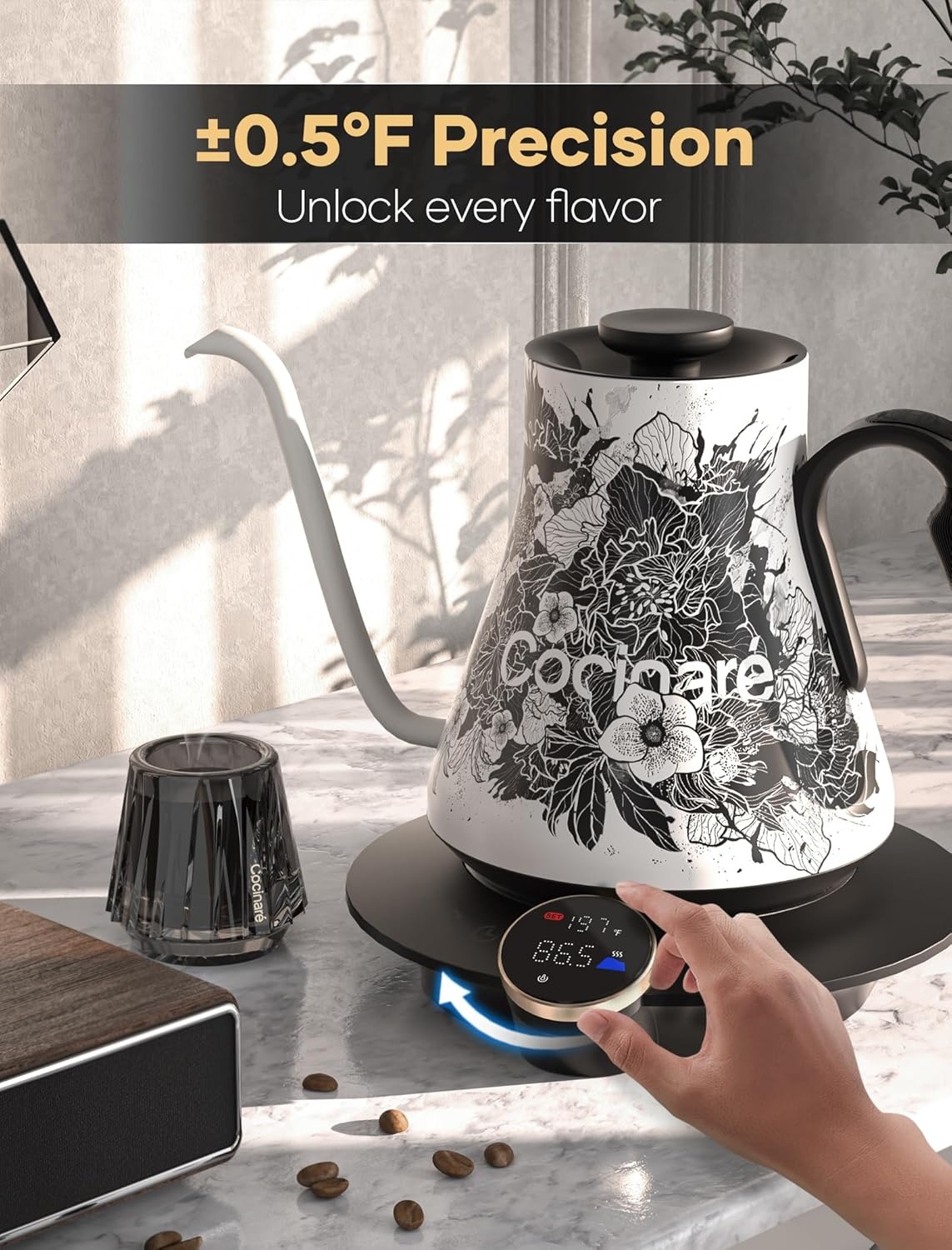 image:imageCocinare Artisan Collection Gooseneck Electric Kettle 05 Precise Temperature Control for PourOver Coffee amp Tea Quick Heating 1500W Stainless Steel Interior 09L ConfettiBlossom