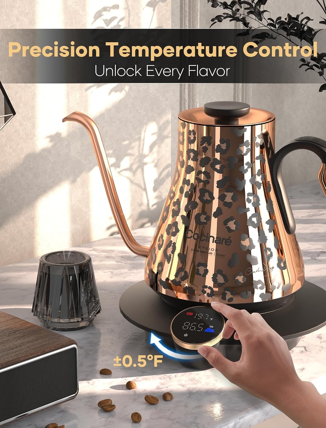 image:imageCocinare Artisan Collection Gooseneck Electric Kettle 05 Precise Temperature Control for PourOver Coffee amp Tea Quick Heating 1500W Stainless Steel Interior 09L ConfettiWild Gold