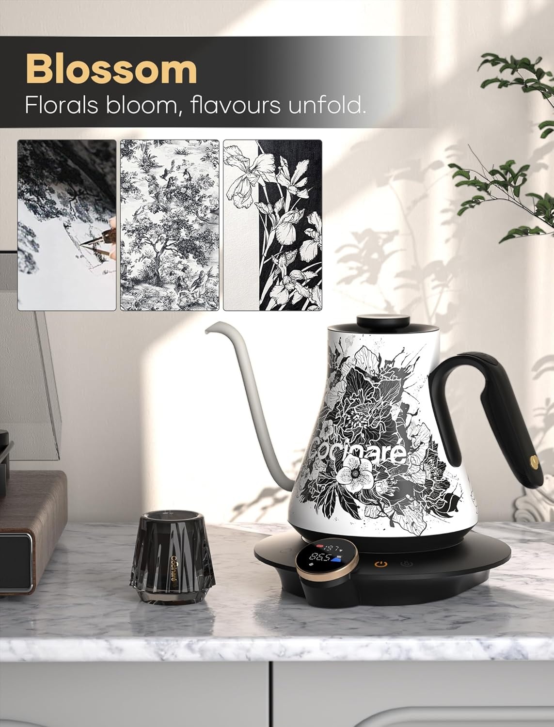 image:imageCocinare Artisan Collection Gooseneck Electric Kettle 05 Precise Temperature Control for PourOver Coffee amp Tea Quick Heating 1500W Stainless Steel Interior 09L ConfettiBlossom